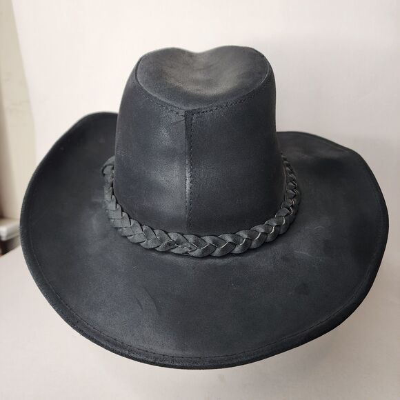Vintage Wilsons Cowboy Hat Black Leather Outback Western USA Made Size Large - Picture 6 of 11